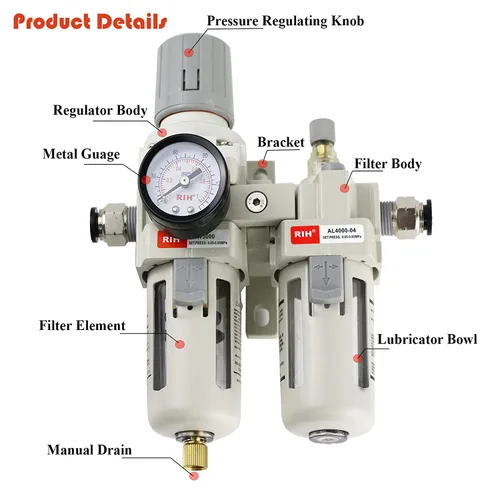 Vista 3 de RIH Pneumatics - Regulador de filtro de aire comprimido NPT de 1/2 pulgada, lubricador combinado separador de trampa de agua/aceite, calibre
