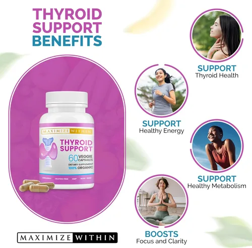 Vista 3 de Suplemento de apoyo para la tiroides para mujeres y hombres, enfoque, claridad mental y energía con yodo de ashwagandha, zinc, algas, vitamina B12
