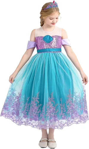 Vista 4 de PURFEEL Vestido de sirena con lentejuelas para niñas vestido de fiesta de sirena bordado con todos los accesorios color morado y verde 3-4 años