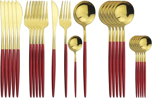 Vista 20 de Juego de cubiertos negros de acero inoxidable de 24 piezas, servicio para 6, vajilla pulida con espejo, cuchillo tenedor y cuchara para el hogar