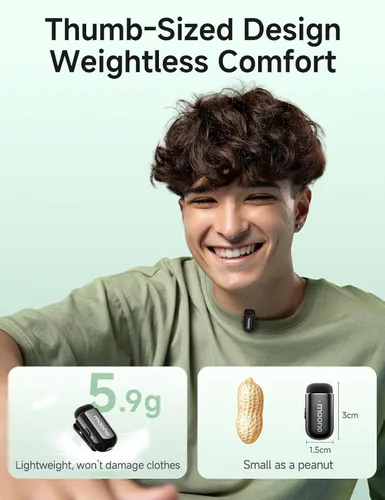 Vista 6 de MAONO Wave T1 Mini micrófono inalámbrico Lavalier para iPhone/Android, cancelación de ruido, filtro de voz AI, 30 horas utilizado con estuche