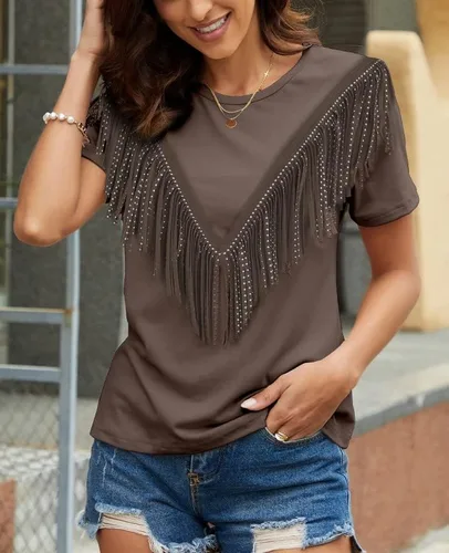 Vista 5 de PESION Camisas de manga corta con flecos para mujer, blusa con ribete de borlas