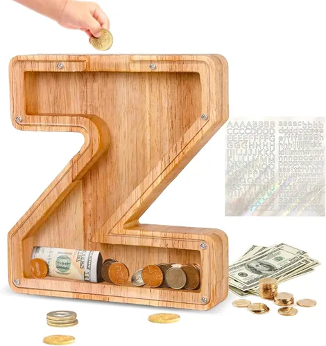 Vista 14 de Alcancía de Madera Personalizada con Letras del Alfabeto, Banco de Monedas con Letras del Alfabeto para Niños, Niñas y Bebés, Tamaño Grande, 26