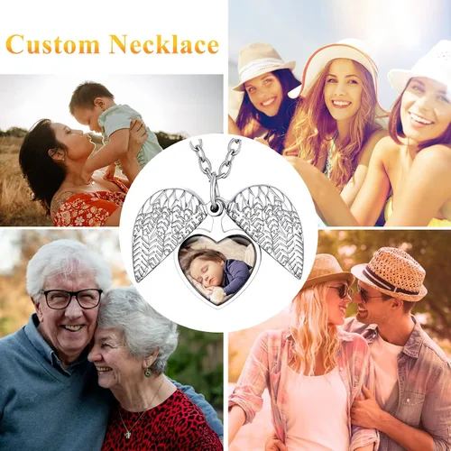 Vista 4 de Supcare Collar personalizado con medallón de alas de ángel con imagen conmemorativa, regalo de recuerdo personalizado para mujeres