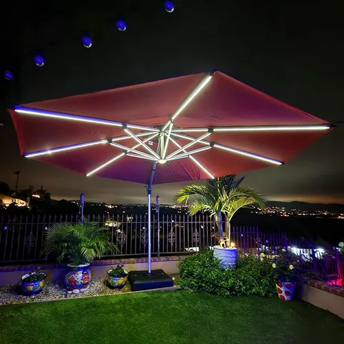Vista 47 de PURPLE LEAF Sombrilla de patio de 9 x 12 pies con luces, sombrilla rectangular voladiza para exteriores, funciona con energía solar, LED