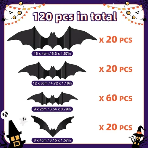 Vista 4 de 120 piezas de decoración de murciélagos de Halloween, 4 tamaños, impermeables, extraíbles, 3D, calcomanías de murciélagos aterradores