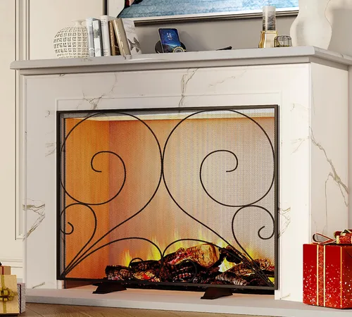 Vista 3 de Fire Beauty Pantalla de chimenea de un solo panel hecha a mano de malla de hierro forjado sólido, protector contra chispas de fuego resistente al