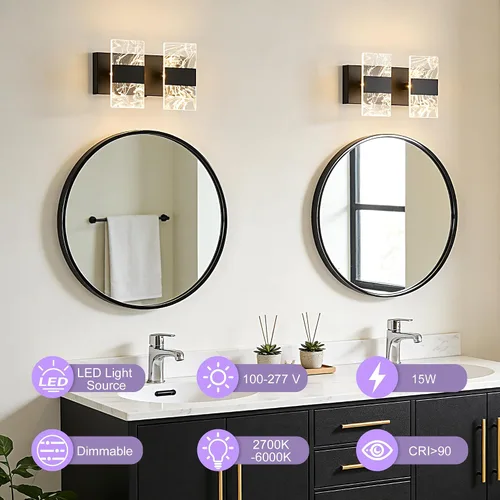 Vista 2 de Moderna lámpara LED de baño, regulable, 2 luces, color negro, 5CCT, ajustable, luces de tocador sobre el espejo, luces LED de acrílico ahumado