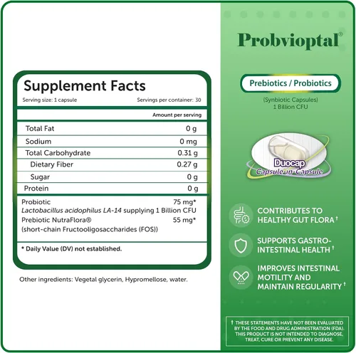 Vista 6 de Probvioptal, 30 cápsulas, probióticos y prebióticos, Duocap, 1 mil millones de UFC, sin gluten