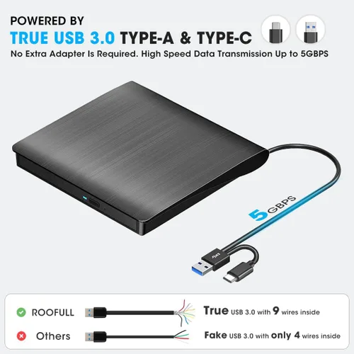 Vista 3 de ROOFULL Unidad externa de CD DVD para PC portátil Windows 11/10/7, USB 3.0 y USB-C CD DVD ROM lector escritor +/-RW disco quemador reproductor
