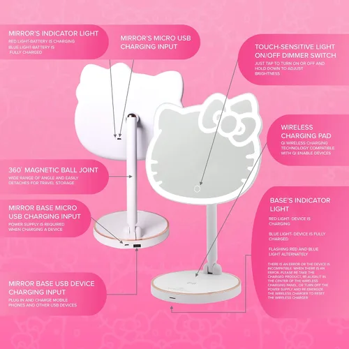 Vista 3 de Impressions Vanity Hello Kitty - Espejo de maquillaje de montaje en mesa LED, inalámbrico, con rotación de 360 grados, espejo de escritorio
