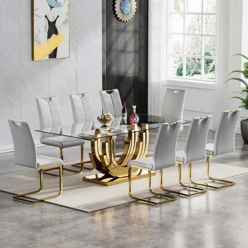 Vista 24 de Juego de mesa de comedor de cristal dorado moderno de 70 pulgadas para 4, juego de mesa rectangular de 5 piezas con base de acero en forma de anillo