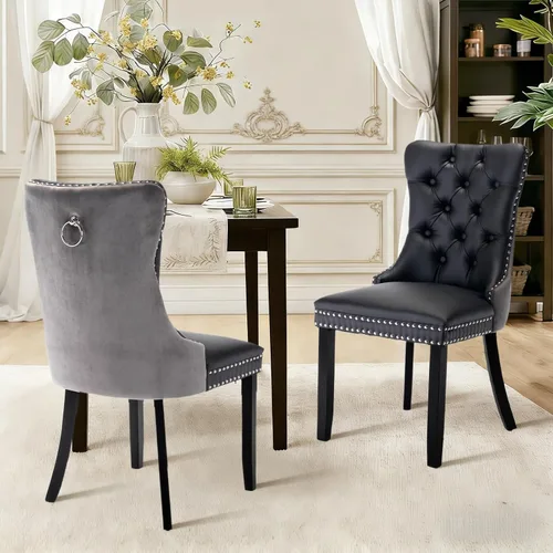 Vista 101 de Juego de 2 sillas de comedor de terciopelo con patas de madera, color beige Mid Century Modern Dining Chairs,Upholstered Chairs with Nailhead