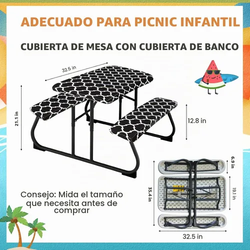 Vista 2 de Moukeren Funda de mesa de picnic de 3 piezas para niños con fundas de banco, mantel ajustable para exteriores, vinilo impermeable, para camping