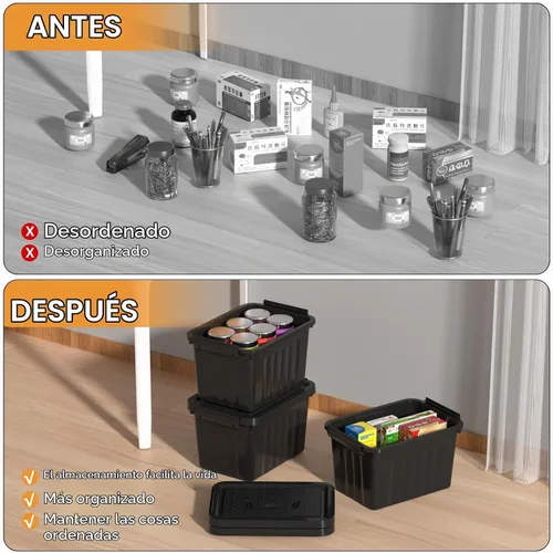 Vista 6 de Cubo de almacenamiento de plástico negro con tapa transparente y asa gris, 6 paquetes