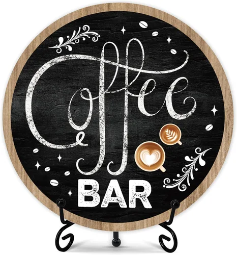 Vista 6 de Letrero de barra de café, decoración de café para cafetería, placa redonda de madera de granja con soporte, letreros de café con temática de «But
