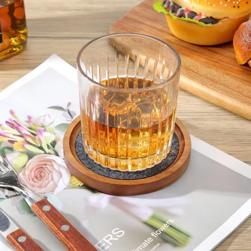 Vista 7 de Posavasos de madera de acacia para bebidas, 4.13 pulgadas, de fieltro de madera para mesa auxiliar, juego de 6 con soporte, posavasos apilables