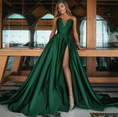 Vista 3 de Zeeyecie Vestido de baile de graduación con hombros descubiertos para mujer vestido largo de satén formal con abertura y bolsillos