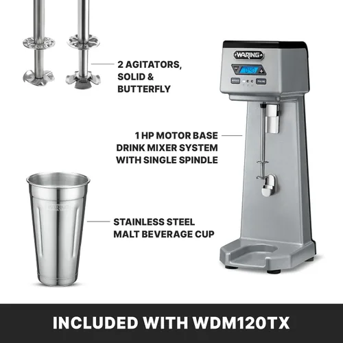 Vista 4 de Waring Commercial WDM120TX Mezclador de Bebidas de Servicio Pesado Individual con Husillo de 1Hp, Temporizador de Cuenta Regresiva, Pantalla