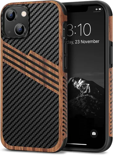 Vista 14 de TENDLIN Compatible con Funda para iPhone 13 de Grano de Madera con Textura de Fibra de Carbono Diseño Híbrido de Cuero Compatible para iPhone 13