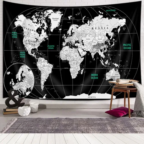 Vista 3 de Arte de pared con mapa del mundo para niños, tapiz educativo con países, ciudades, topografía - Asia, Europa, América, África, Japón, 40 x 30 Negro