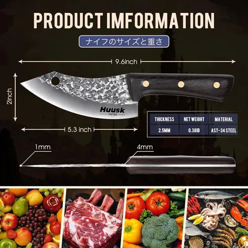 Vista 5 de Huusk Mini cuchillo japonés, pequeños cuchillos de carne con funda, cuchillos únicos de cavernícola, cuchillo vikingo de chef forjado a mano