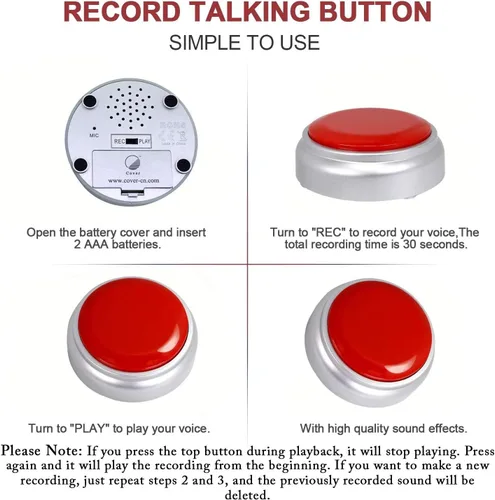 Vista 4 de Botón grabable, botón de grabación parlante, botón fácil de grabar por voz 30S, botón de efecto de sonido con reproducción (rojo y plateado)
