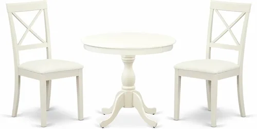 Vista 21 de East West Furniture AMBO3-BCH-W Juego de mesa y sillas de cocina de 3 piezas contiene una mesa de comedor redonda con pedestal y 2 sillas de asiento