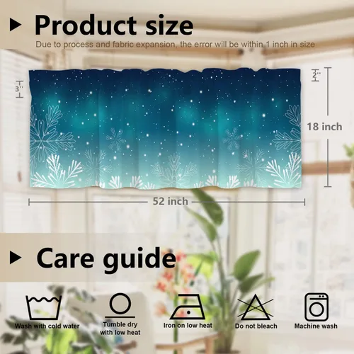 Vista 5 de Cenefas de cocina de copos de nieve de invierno para ventanas, cenefas opacas de copos de nieve de Navidad azul turquesa, cortinas de poliéster