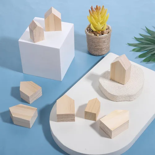 Vista 6 de 8 casas de madera de 4 tamaños para manualidades, bloques de madera sin terminar de 0.75 pulgadas de grosor, recortes de madera en blanco