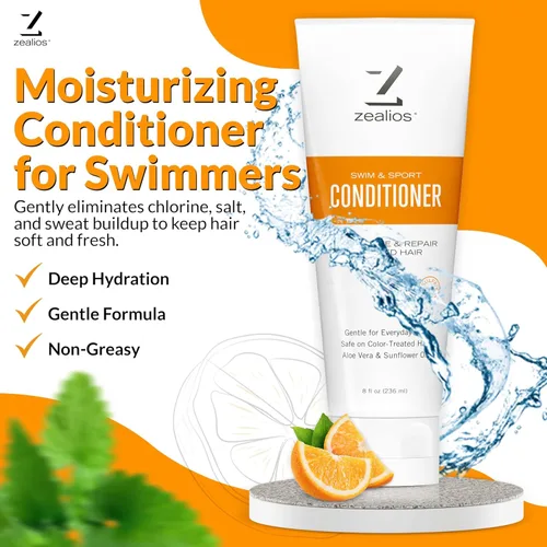 Vista 2 de Zealios Acondicionador Swim & Sport de 8 onzas – Acondicionador para el cabello sin sulfato, tratamiento capilar para nadadores y atletas