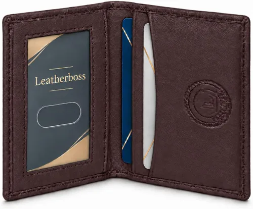 Vista 15 de Leatherboss Cartera Bifold Delgada de Cuero Genuino Porta Tarjetas de Crédito, Débito e ID Compacta y Elegante con Ventanas Transparentes