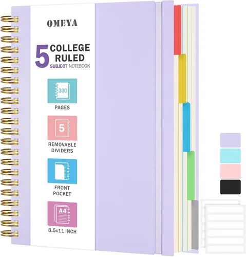 Vista 8 de Cuaderno de Espiral 8.5" x 11", Cuadernos de 5 Materias con Rayas Universitarias con Divisores Removibles, 300 Páginas 100GSM Diario de Escritura