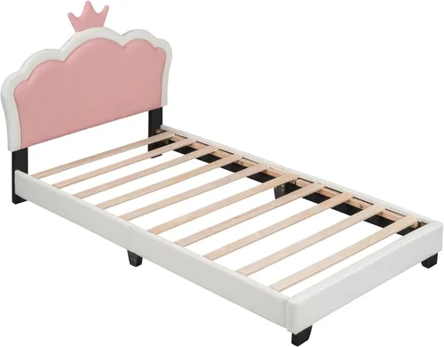 Vista 4 de Cama de plataforma tapizada de tamaño individual, marco de cama de plataforma de madera con cabecera en forma de corona, elementos de dibujos