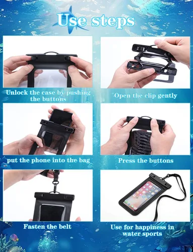 Vista 7 de Bolsa impermeable para teléfono, paquete de 2 fundas impermeables para teléfono blanco y negro, bolsa seca para teléfono celular, nivel