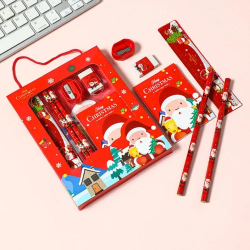 Vista 4 de LUOZZY 4 juegos de regalo de Navidad para niños y estudiantes, papelería temática de Navidad de dibujos animados con caja de regalo y asa, incluye