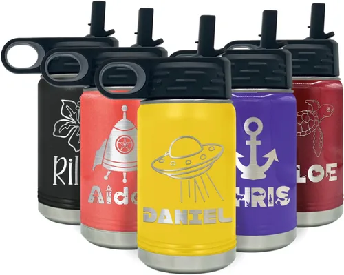 Vista 23 de Botella de agua para niños personalizada con nombre en botella de agua aislada con anillo verde mate de 12 onzas