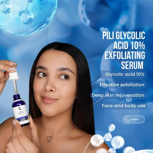 Vista 3 de Pili Ácido glicólico 10% de concentración – Suero iluminador, suavizante y exfoliante con AHA para colágeno y renovación celular Botella de 1