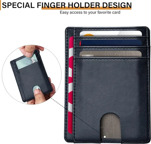 Vista 5 de AMEHA Cartera minimalista delgada para hombre, bolsillo frontal, de cuero real, con bloqueo RFID, tarjetero de crédito comercial con ventana