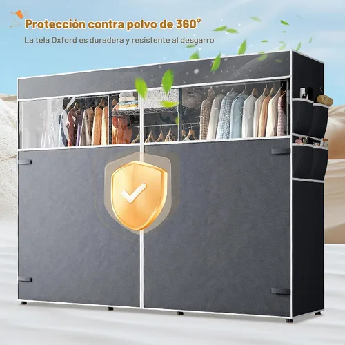 Vista 8 de Raybee Perchero de ropa con cubierta, perchereros para colgar ropa resistente, armario portátil con estantes, ajustable, carga de 905 LBS, negro
