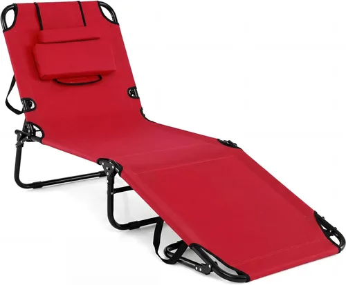 Vista 15 de GYMAX Silla de bronceado, silla de playa de 350 libras con agujero para la cara, almohada lavable y correa de transporte, tumbona plegable