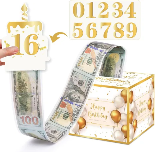 Vista 8 de Caja de regalo de cumpleaños con calcomanías de bricolaje para cualquier edad, soporte de dinero sorpresa para regalo en efectivo con tarjeta