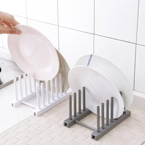 Vista 6 de LIZEALUCKY Soporte de plato de plástico para platos, tazón, taza, libro, tapa de olla, tabla de cortar, estante de secado, escurridor, soporte