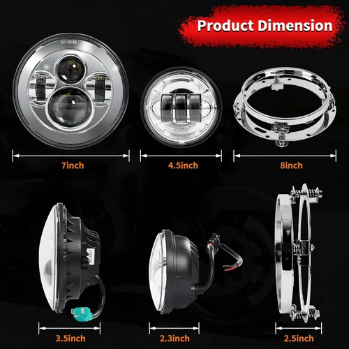 Vista 6 de Wisamic Faro LED para motocicleta de 7 pulgadas, lámparas de paso de 4.5 pulgadas, luces antiniebla y anillo de montaje, compatible con Harley