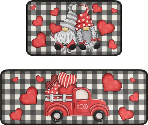 Vista 8 de Juego de 2 alfombras y tapetes de cocina, para el día de San Valentín, decoración de corazón rojo, antideslizantes, parte trasera de goma