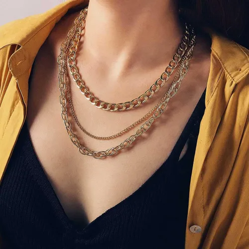 Vista 3 de Jovono Gargantilla gruesa, cadena de eslabones cubanos dorados, collar grueso en capas, joyería punk para mujeres y niñas