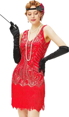 Vista 10 de BABEYOND Vestido de mujer con estilo charlestón de los años 20, cuello en V, con cuentas y flecos, estilo Gran Gatsby