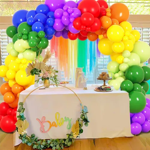 Vista 7 de RUBFAC Kit de arco de guirnalda de globos de arco iris de 189 piezas, 7 colores surtidos de globos de látex de 5/12/18 pulgadas para fiesta
