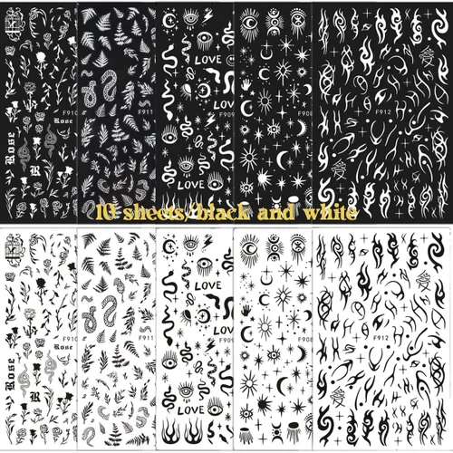 Vista 2 de 10 hojas de calcomanías de uñas góticas 3D, calcomanías autoadhesivas holográficas, estrellas, luna, serpiente, decoración para mujeres, consejos