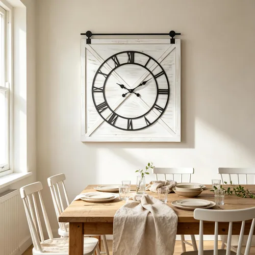 Vista 3 de FLORA Reloj de pared grande de granja, reloj de pared rústico con puerta